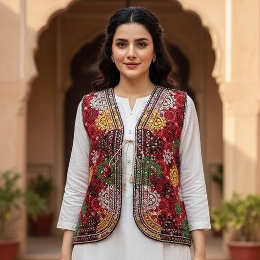 Ajrak Multi-Embroidered Ladies Koti – Traditional Sindhi Sitara Work