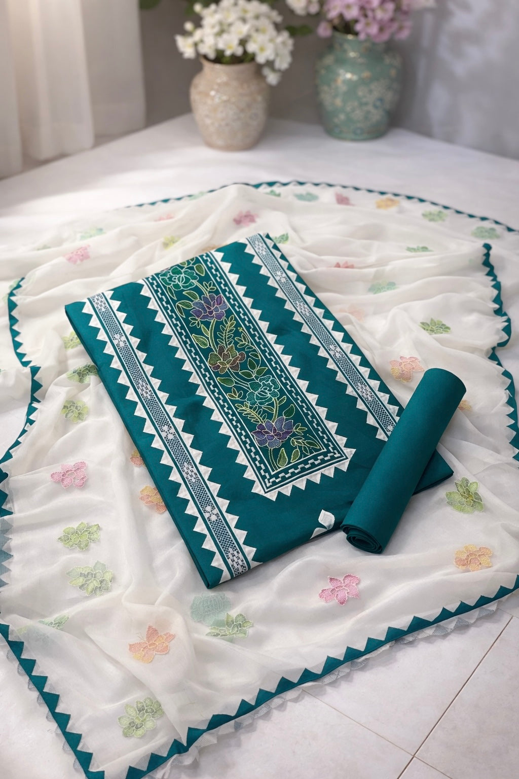 Embroidered 3-Piece Suit with White Applic Work | Soft Cotton Shirt & Trouser with Chiffon Dupatta