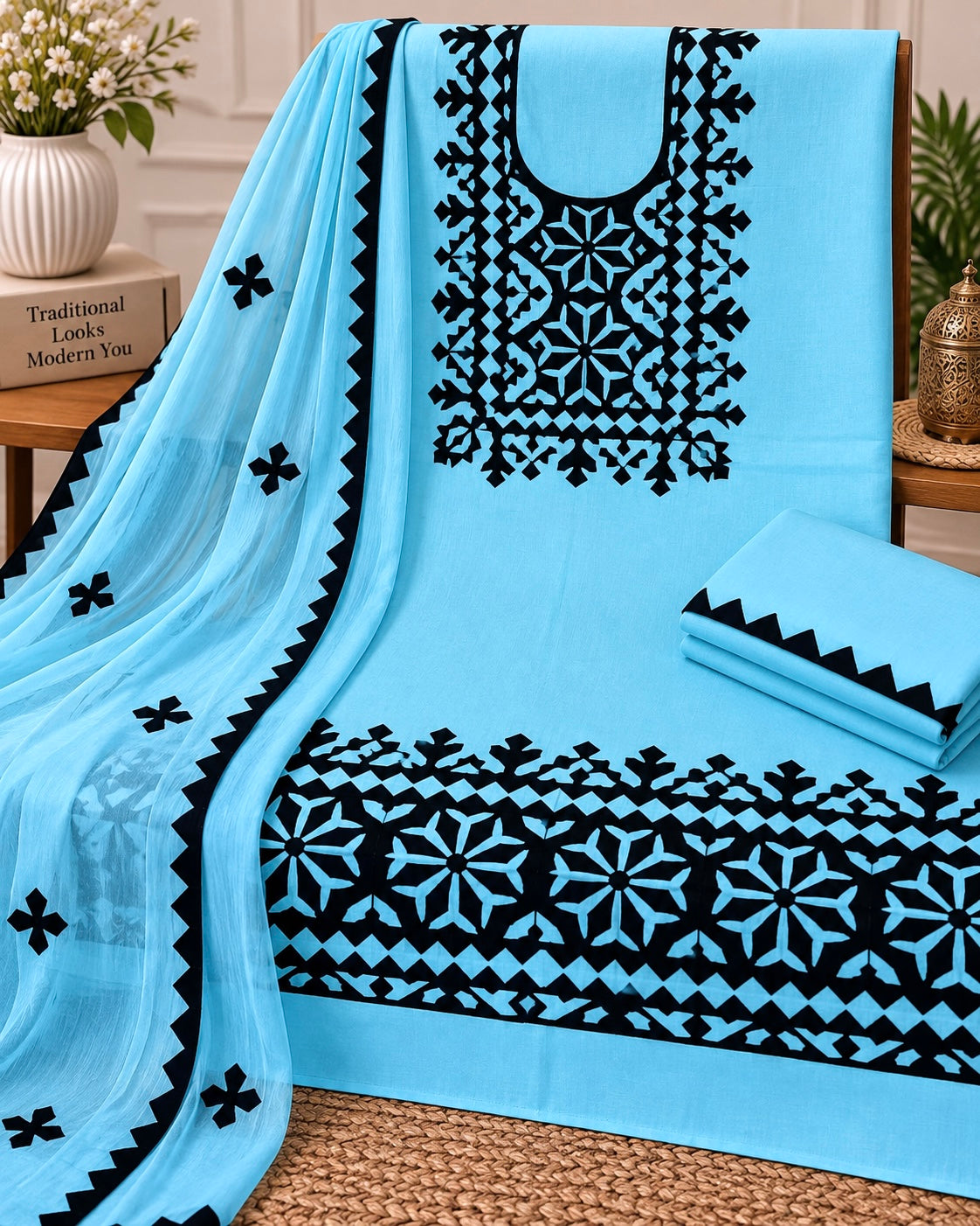 Pure Fancy Handmade Applique Work Soft Cotton Suit with Chiffon Dupatta – 3 Piece Unstitched Dress 👗