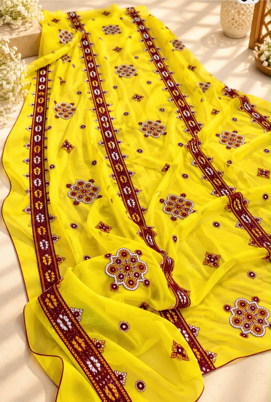 Crinkle Chiffon Balochi Four Panel Thick Thread Sitara Embroidery Chaddar