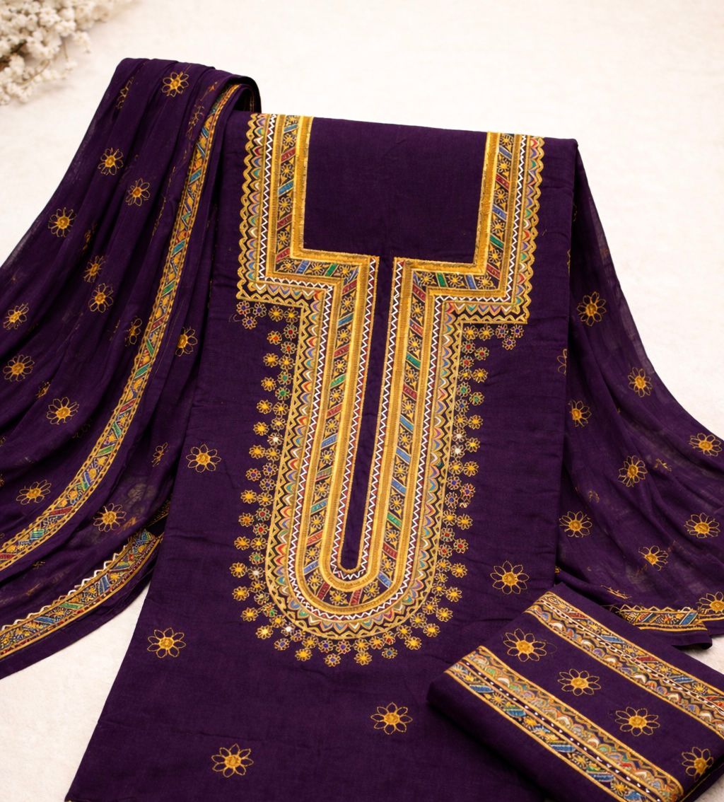 Soft Cotton Zari Work Embroidered 3-Piece Suit – Shirt, Trouser & Dupatta