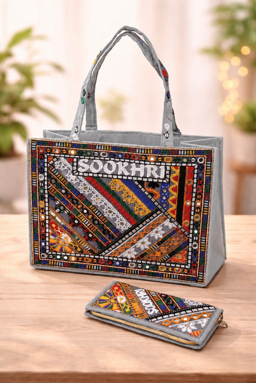 Traditional Multi-Pattern Antique Embroidered Handbag with Matching Clutch