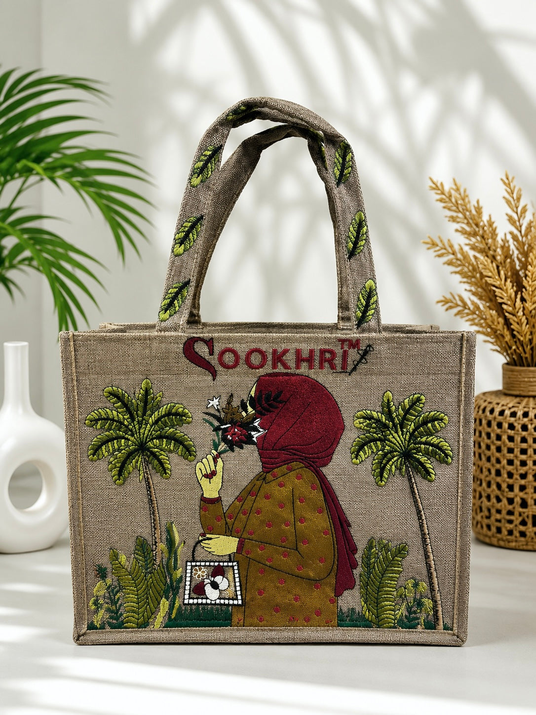 Sookhri Handcrafted Embroidered Jute Tote Bag for Women | Eco-Friendly Shopping & Everyday Handbag (15 Inches Length | 11.5 Inches Width)