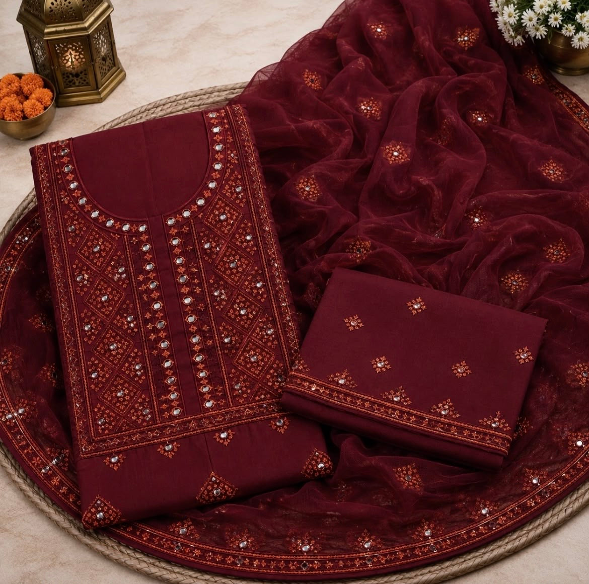 Balochi Style Thick Thread 9MM Sitara Embroidered Lawn Cotton with Chiffon Dupatta - 3PC Unstitch Dress 👗