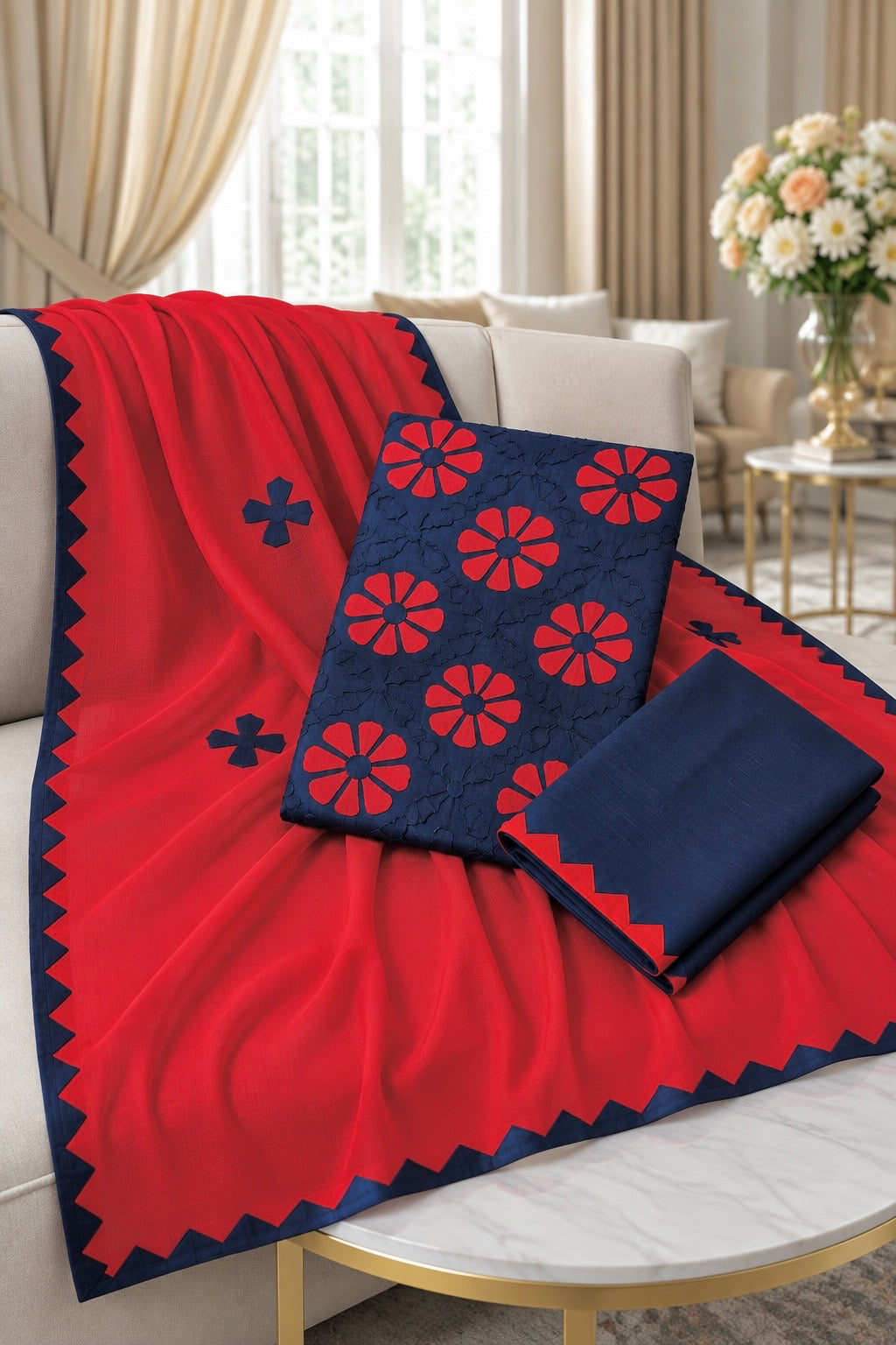 Handcrafted Soft Cotton Applique Work 3-Piece Unstitched Dress with Net Front Panel & Chiffon Dupatta