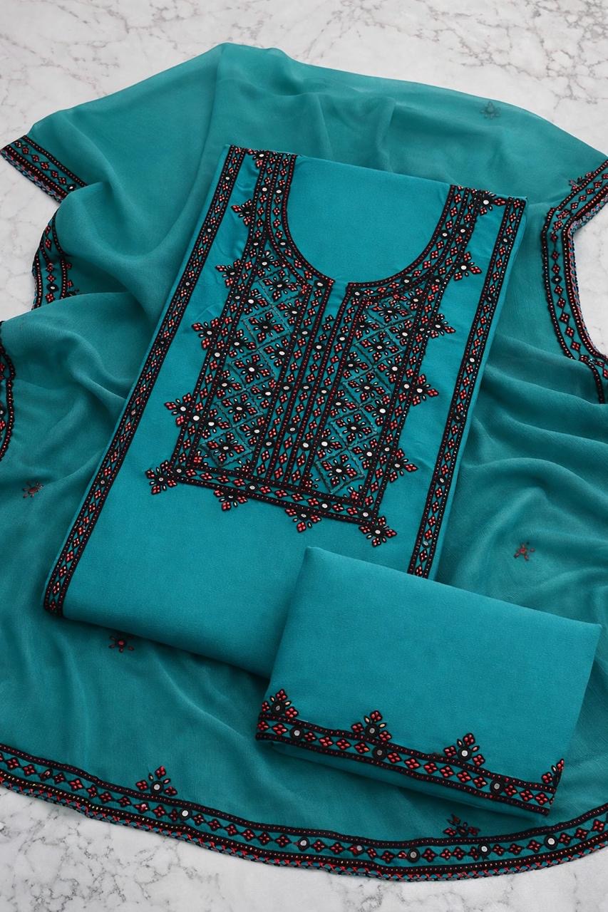 Pure Handmade Balochi Embroidered Unstitched 3-Piece Suit with Original Mirror Work