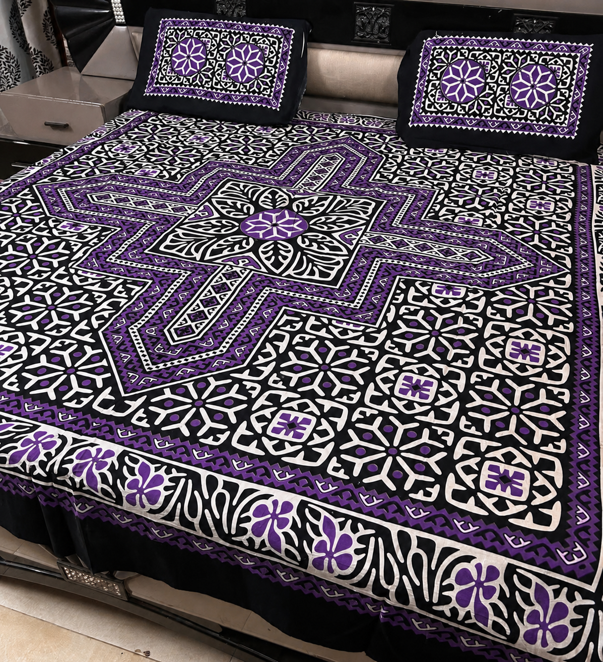 Ajrak Cotton King Size Block Print Bedsheet with 2 Unstitched Pillow Covers