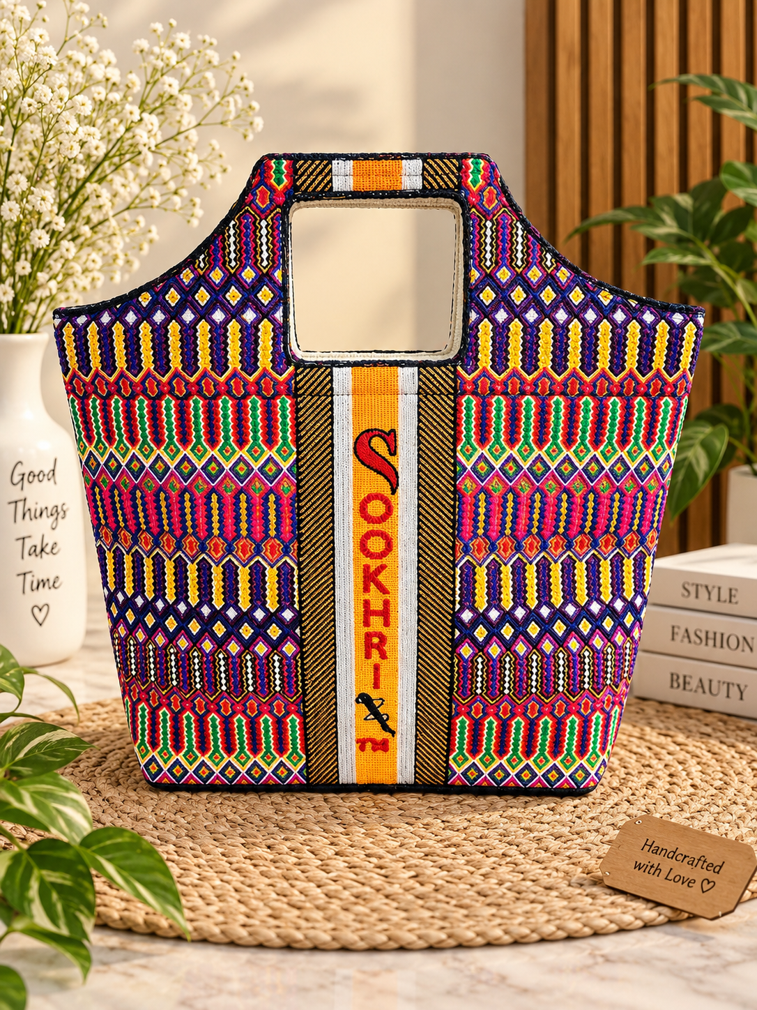 Jute Fabric Front & Back All-Over Multi Arri Embroidered Sookhri Tiffin Bag with Top Zip
