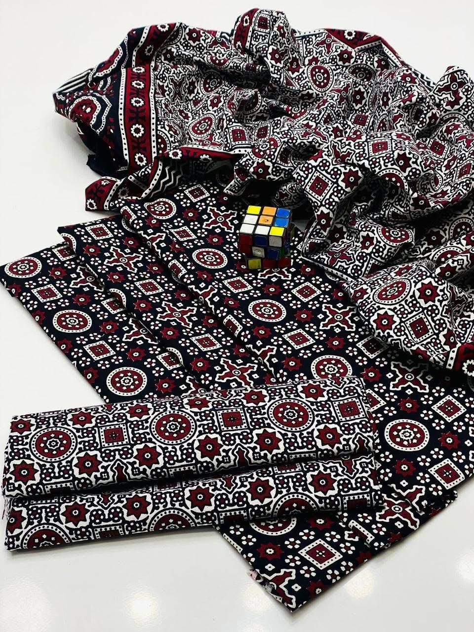 Ajrak Block Print 3 Piece Dress – Soft Winter Cotton Fabric