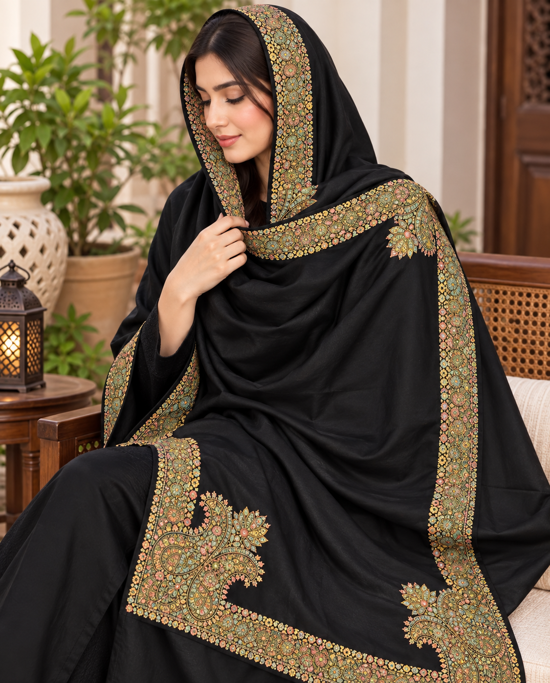 Original Pashmina Handmade Kachna Tanka Embroidery with Four Side Border - Shawl