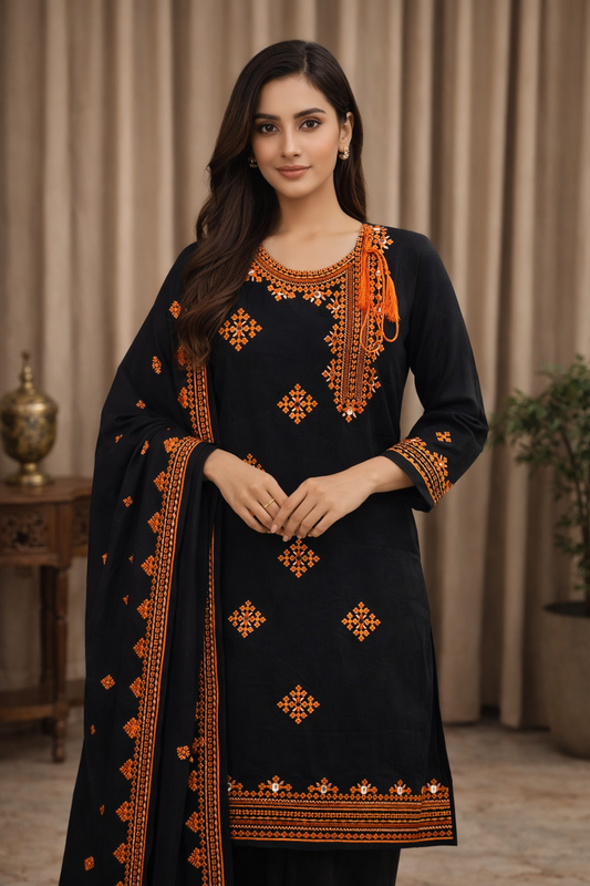 Angrakha Style Black & Orange Computer Embroidered Soft Cotton 3-Piece Suit with Mirror Work & Chiffon Dupatta