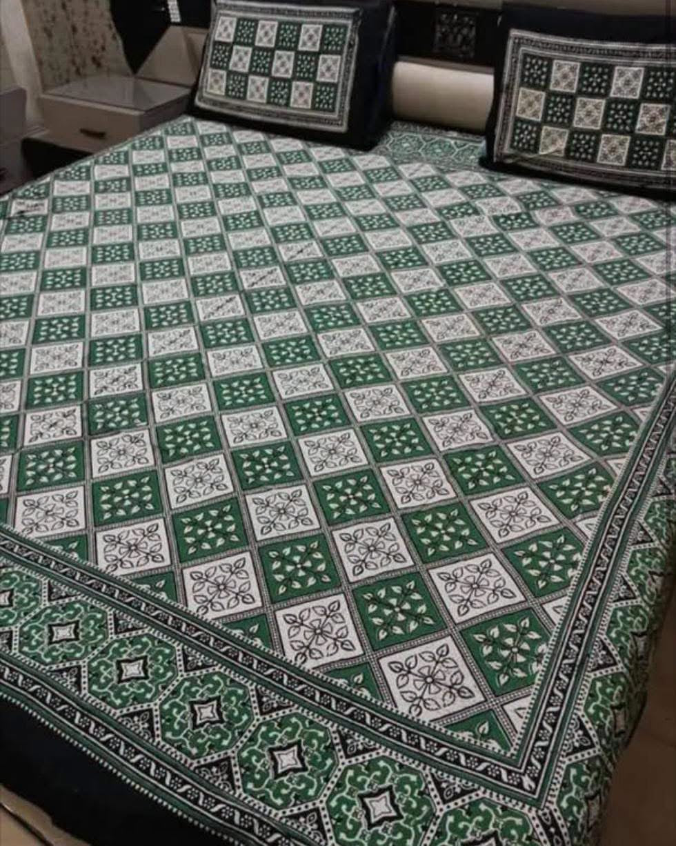 King Size Ajrak Block Hand Print Cotton Stuff Bedsheet Set with 2 Unstitched Pillow Covers