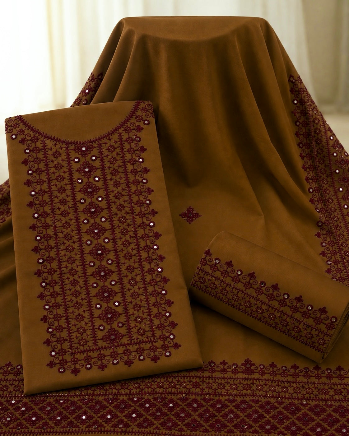 Hurmucha Machine Work & Sitara Foil Detailing Embroidered Soft Cotton with Chiffon Dupatta – 3PC Unstitch Dress 👗