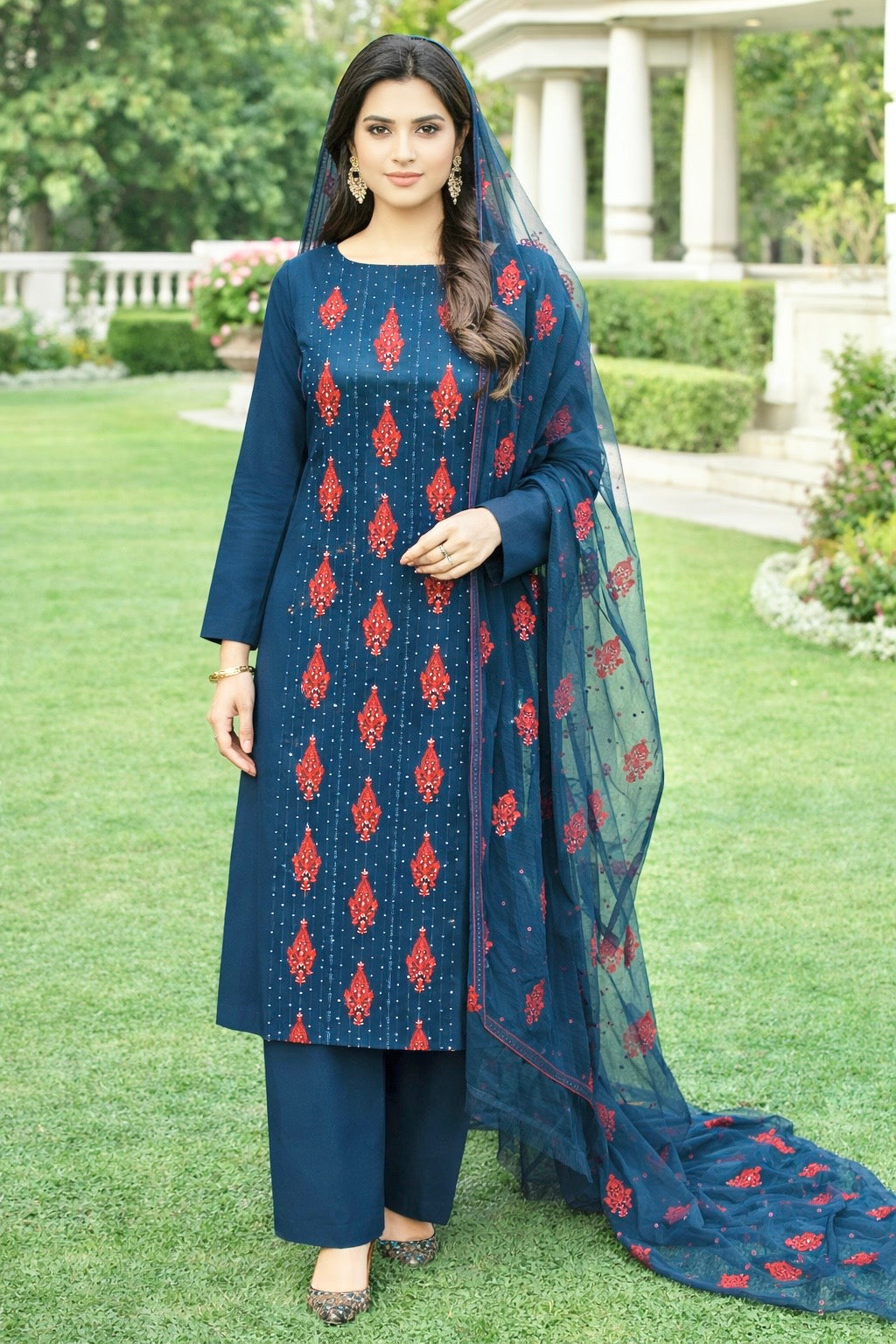 Boring 3MM Sitara Sequence Work Embroidery Soft Cotton with Chiffon Dupatta - 3PC Unstitch Dress 👗