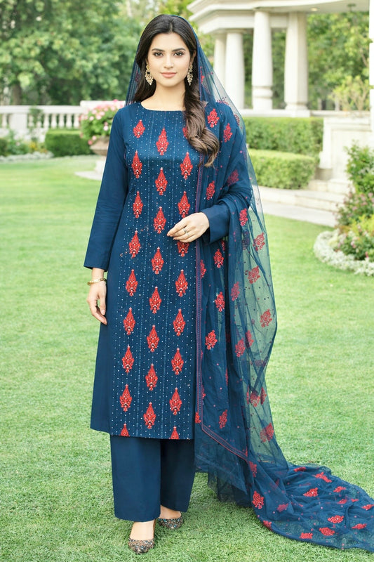 Boring 3MM Sitara Sequence Work Embroidery Soft Cotton with Chiffon Dupatta - 3PC Unstitch Dress 👗