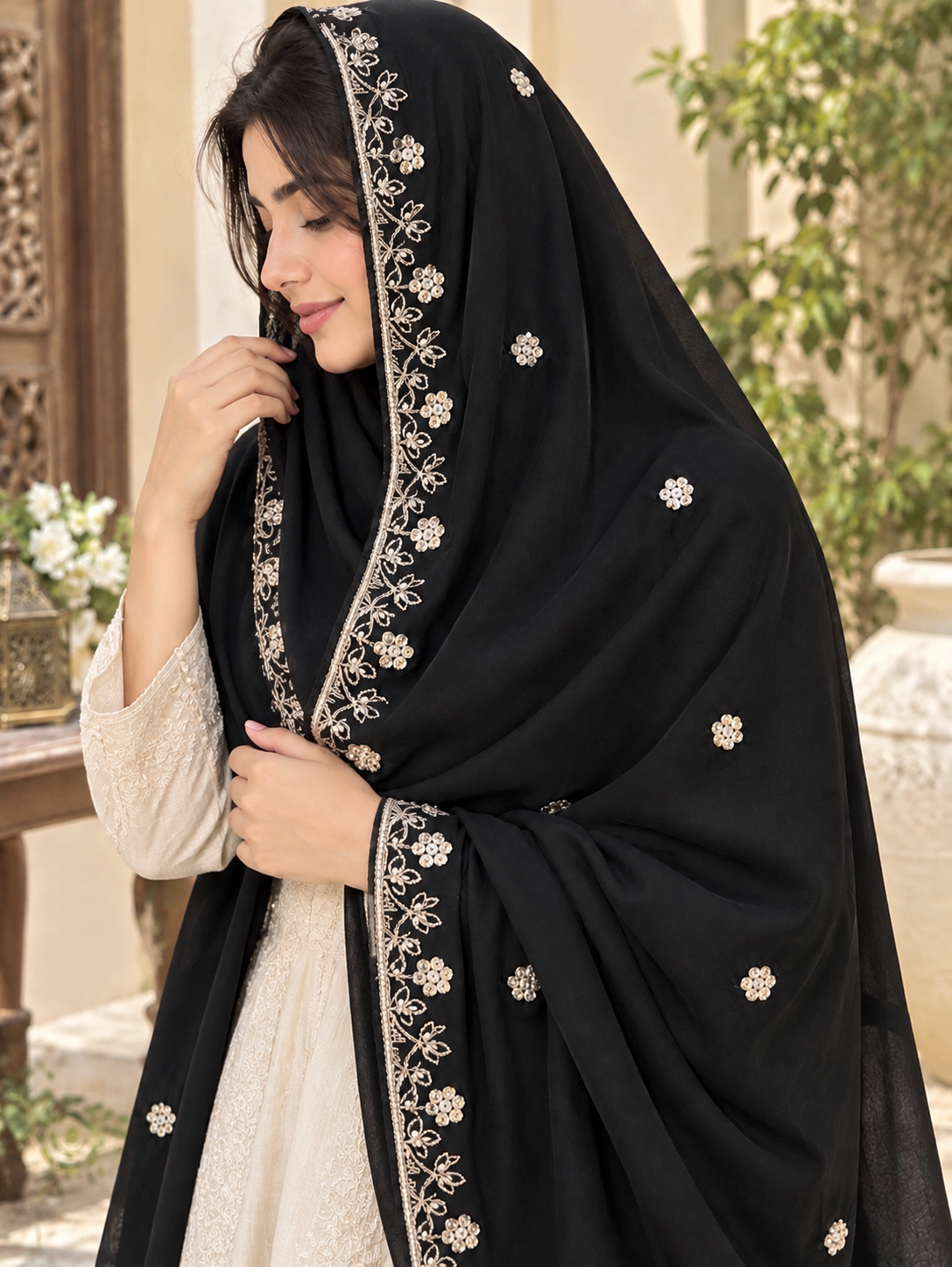 Premium Linen Fabric Sequence Sitara Embroidered Ladies Chadar