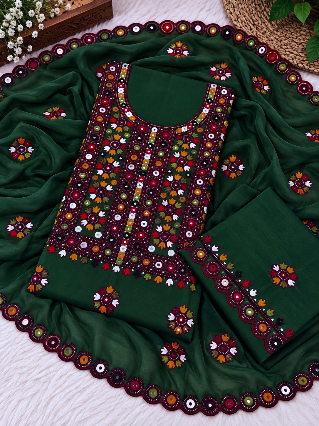 Multi Balochi Thick Thread Sitara Embroidered Soft Cotton with Cutwork Border Chiffon Dupatta - 3PC Unstitched Dress 👗