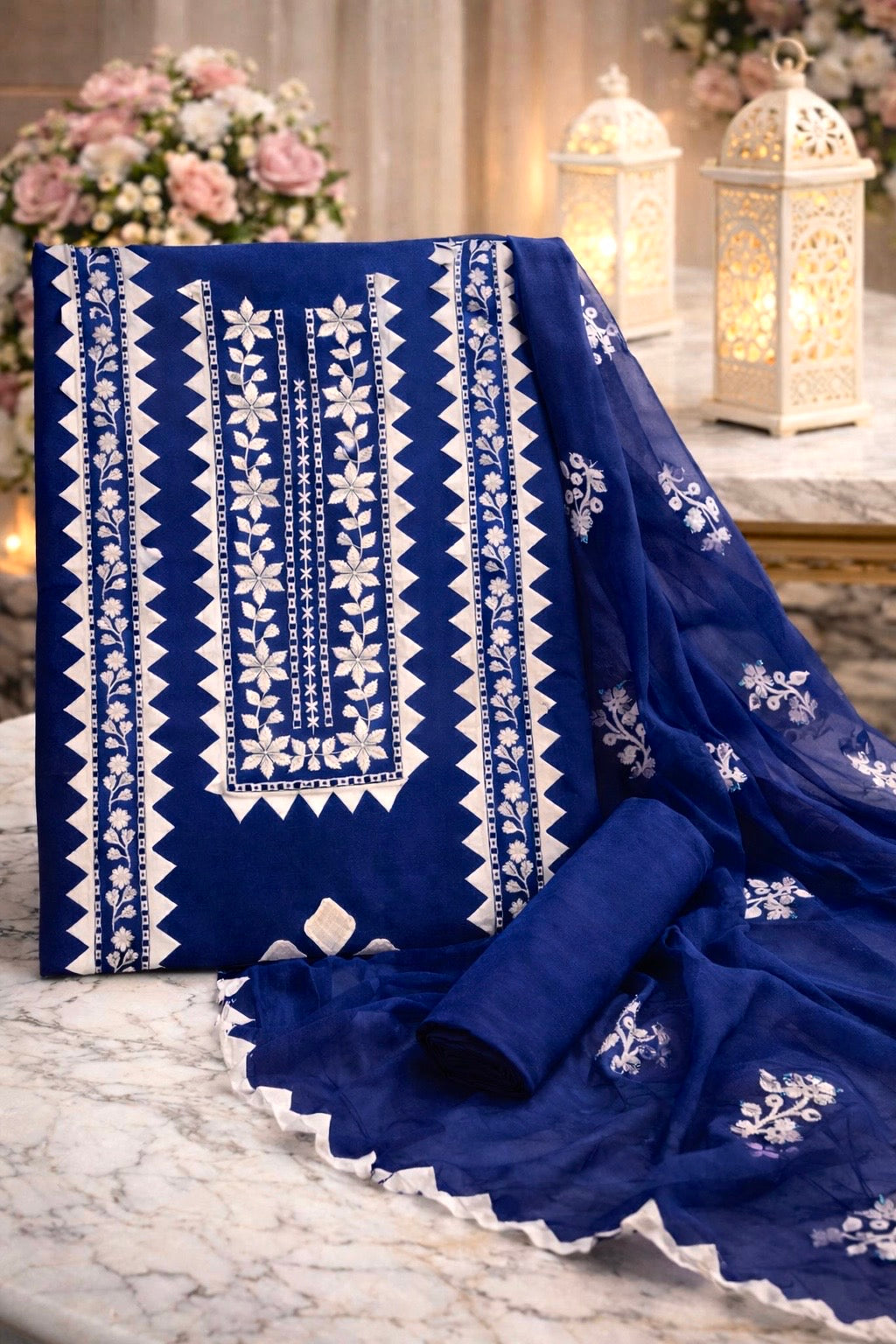 Elegant Handmade Applic Work Embroidery Lawn Cotton with Chiffon Dupatta - Unstitch 3PC Dress 👗