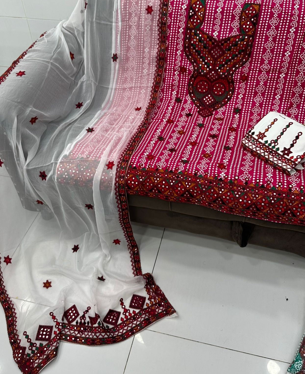 Balochi Ari Sitara Work Chunri Print Cotton 3pc Dress