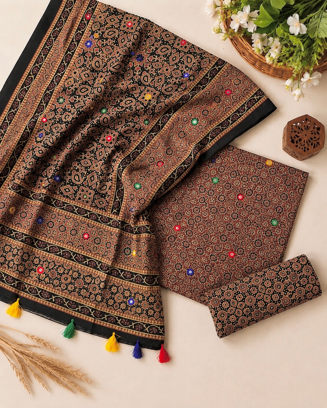 Ajrak Block Print Cotton 3-Piece Suit with Multi Sitara Foil Work – Hand-Dyed Traditional Elegance