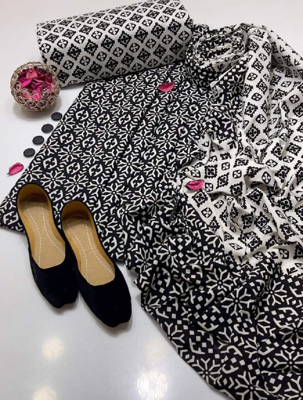 Black Ajrak Hand Block Print Cotton Unstitched 3-Piece Suit | All-Season Wear