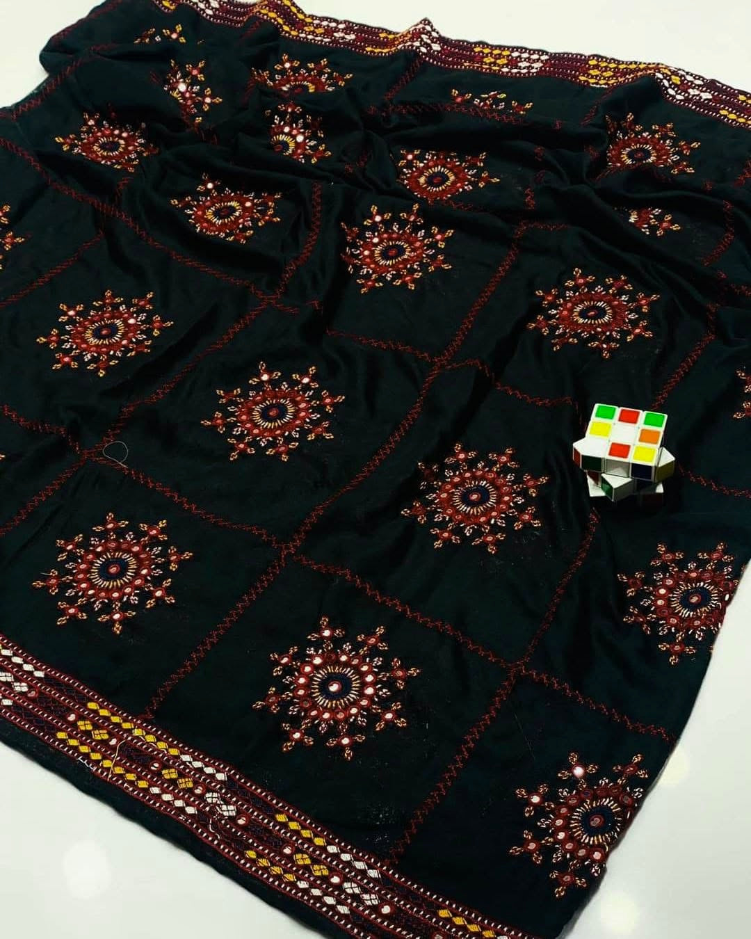 9MM Sitara Thick Thread Heavy Bunches Embroidery with Two Side Border - Swiss Lawn Chadar