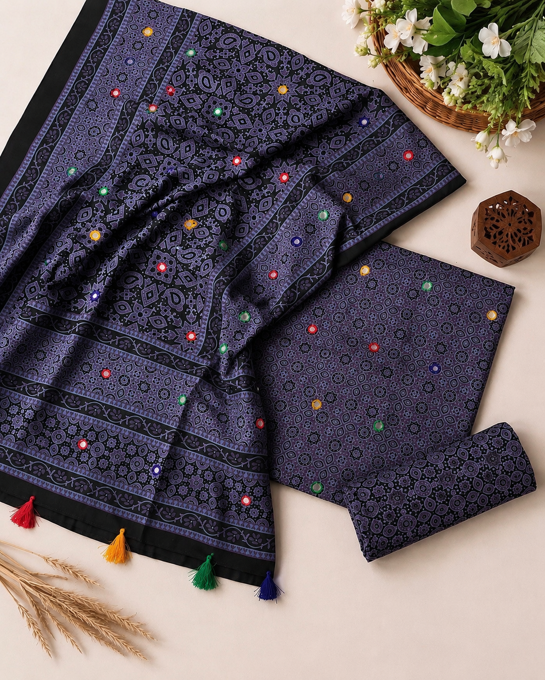 Ajrak Block Print Cotton 3-Piece Suit with Multi Sitara Foil Work – Hand-Dyed Traditional Elegance