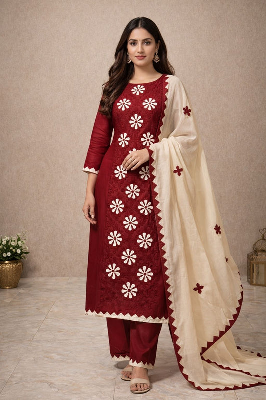 Handcrafted Soft Cotton Applique Work 3-Piece Unstitched Dress with Net Front Panel & Chiffon Dupatta