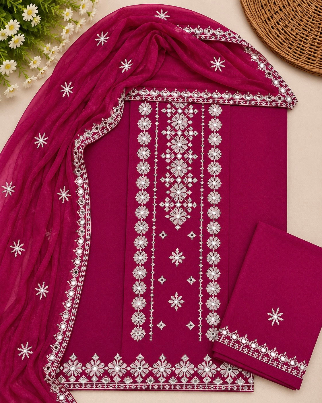 Cross Stitch Flower Embroidered   Lawn Cotton Fabric Shirt &Trouser with Chiffon Embroidered Dupatta – 3 Piece Unstitched Dress 👗