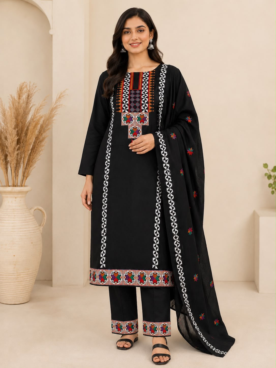 Black Ethnic Cross Stitch Computer Embroidered Lawn Cotton with Floral Embroidered Chiffon Dupatta - 3PC Unstitch Dress 👗