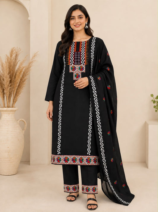 Black Ethnic Cross Stitch Computer Embroidered Lawn Cotton with Floral Embroidered Chiffon Dupatta - 3PC Unstitch Dress 👗