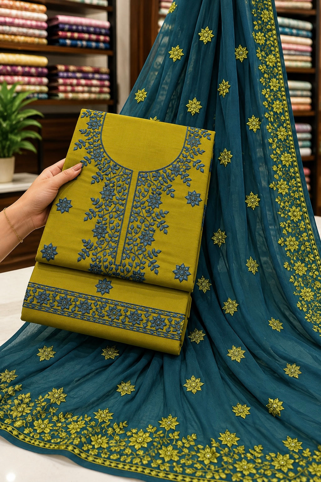 Computer Flower Patti Applique Embroidered Soft Cotton with Chiffon Dupatta - 3PC Unstitch Dress 👗