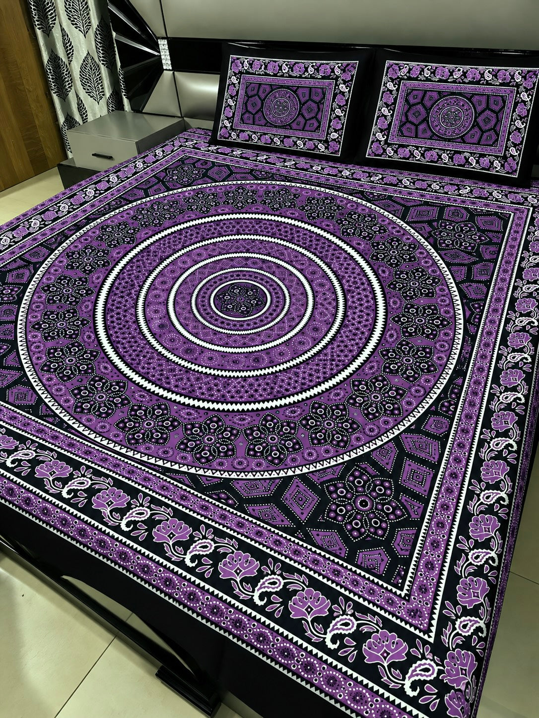 King Size Ajrak Block Hand Print Cotton Stuff Bedsheet Set with 2 Unstitched Pillow Covers