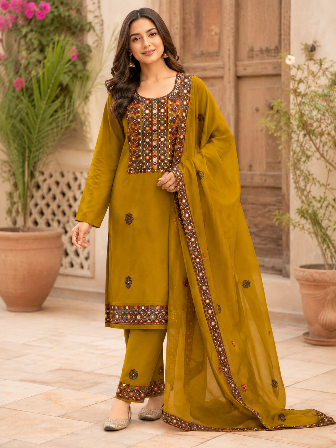 Balochi Multi Thick Thread 9MM Sitara Heavy Embroidered Lawn Cotton with Chiffon Dupatta – 3PC Unstitched Dress