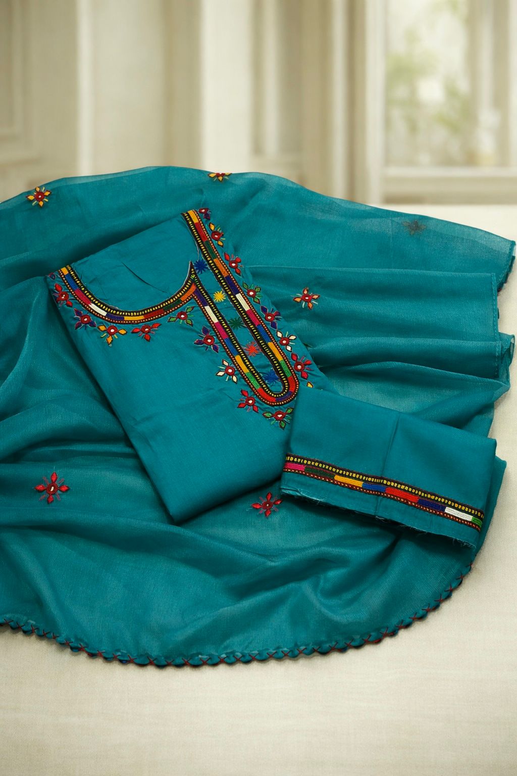 Village Work Handmade Soft Cotton With Chiffon Dupatta - 3PC Unstitch Dress 👗