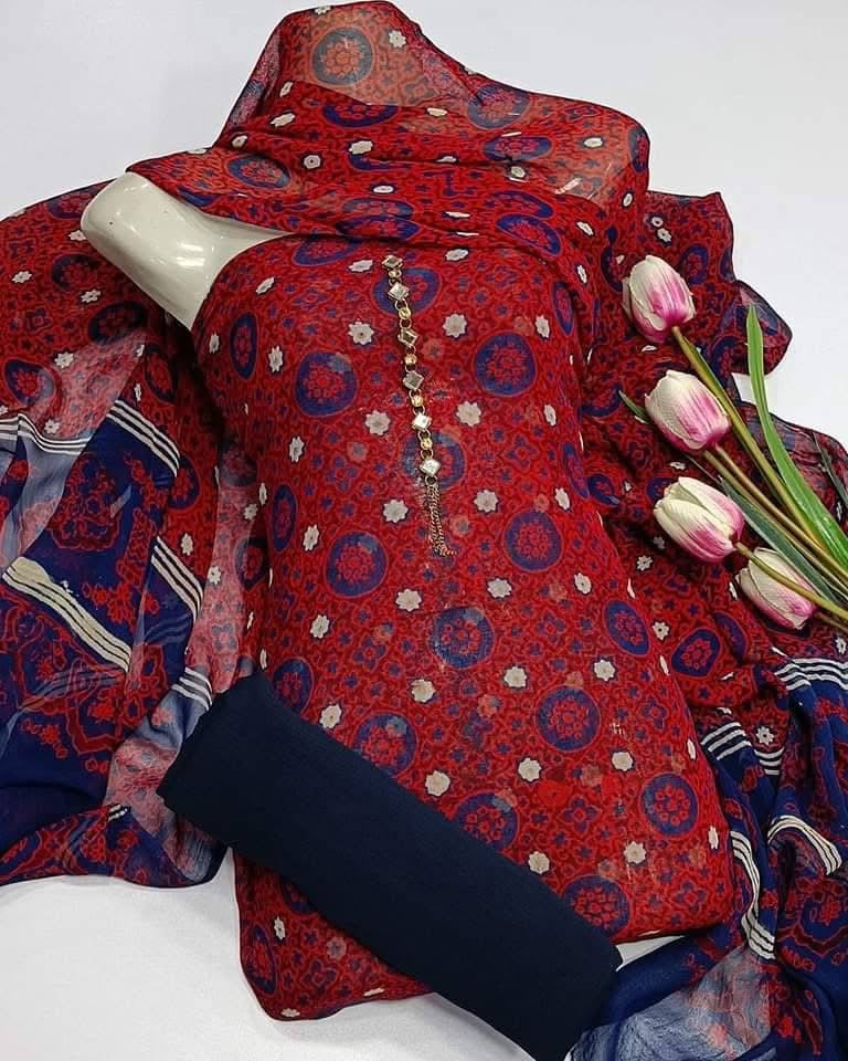 Hand Printed Ajrak Chiffon Shirt & Dupatta Along With Plain Soft Cotton Trouser 3PC Unstitched Dress 👗