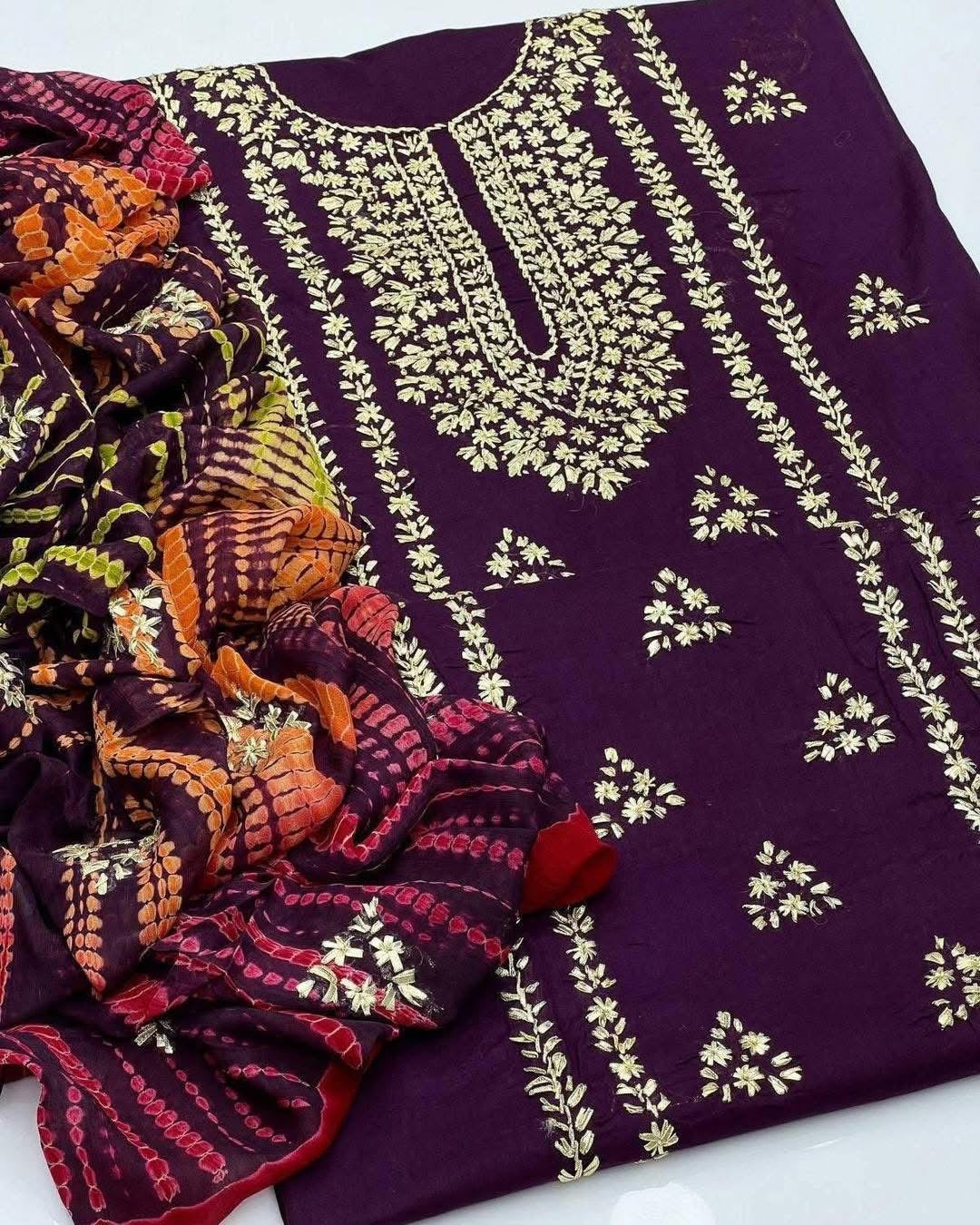 Premium Lawn Fabric Golden Gotta Handmade 3 Piece Unstitched Dress with Tie & Dye Chiffon Dupatta
