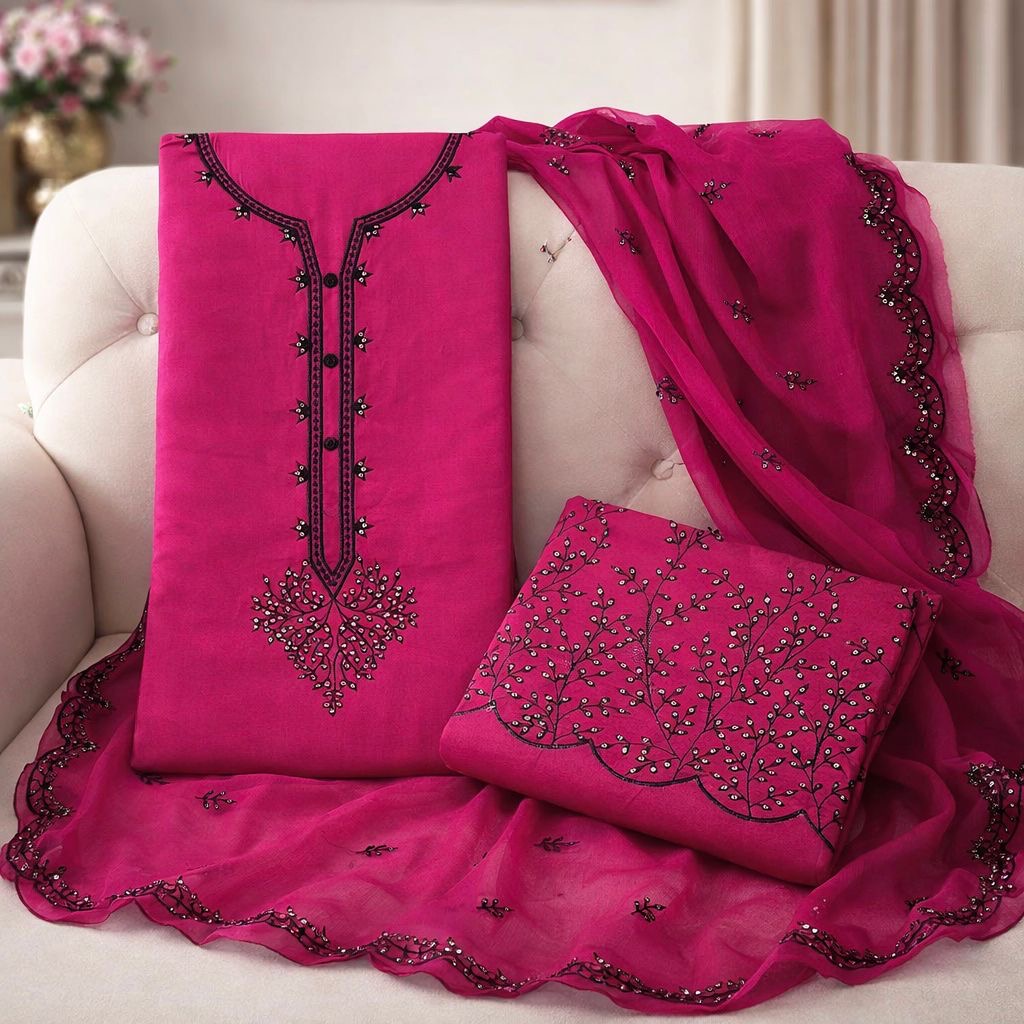 Embroidered 3-Piece Cotton Suit with Chiffon Dupatta | Golden Sequin Work