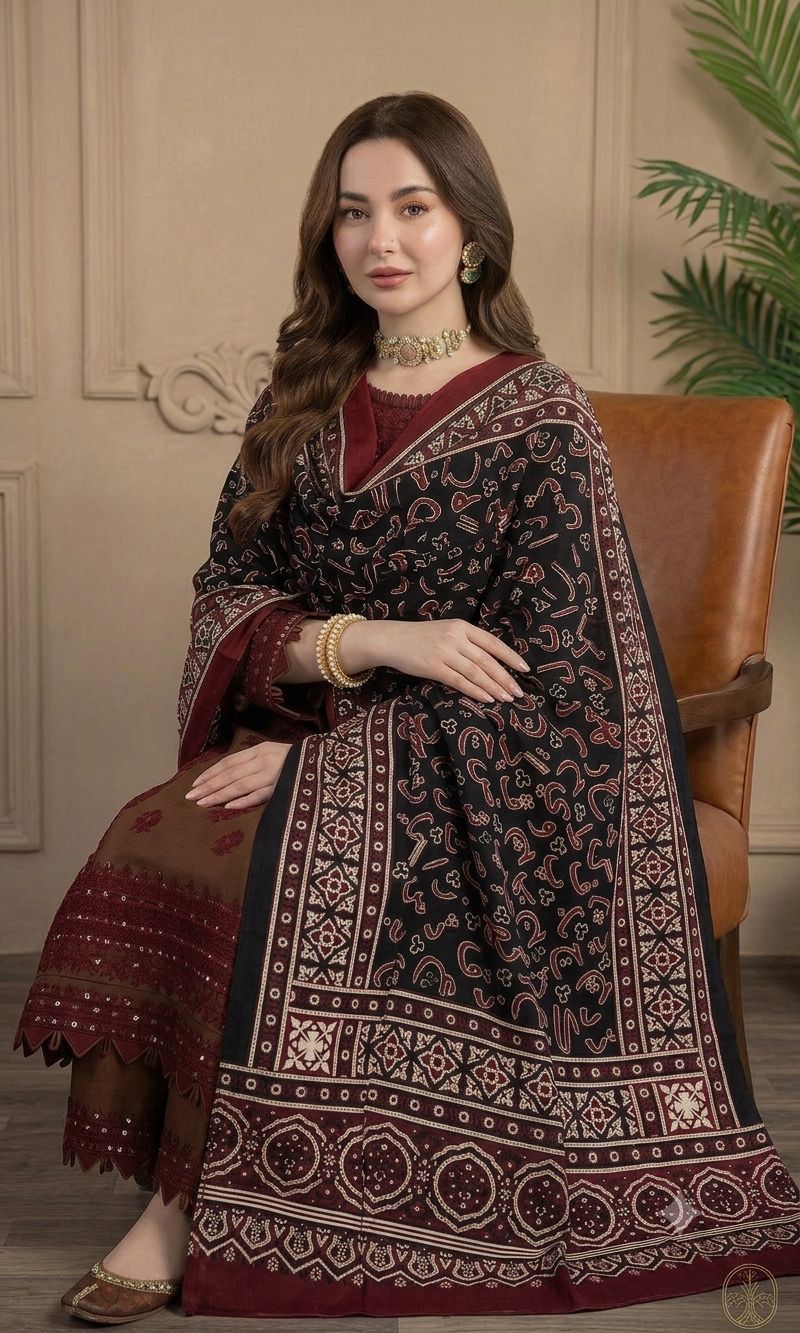Urdu Alphabet Block Print Cotton Fabric - Premium Ajrak Shawl
