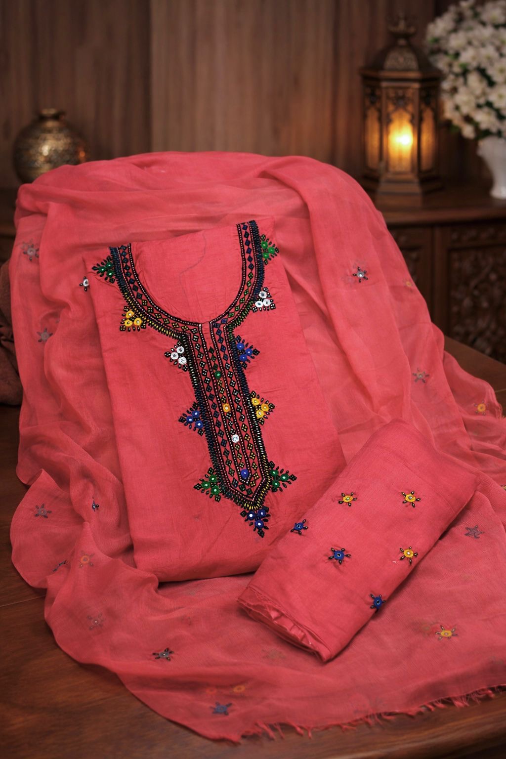 Balochi Gala Handwork 3-Piece Suit | Original Mirror Work | Soft Cotton & Chiffon Dupatta