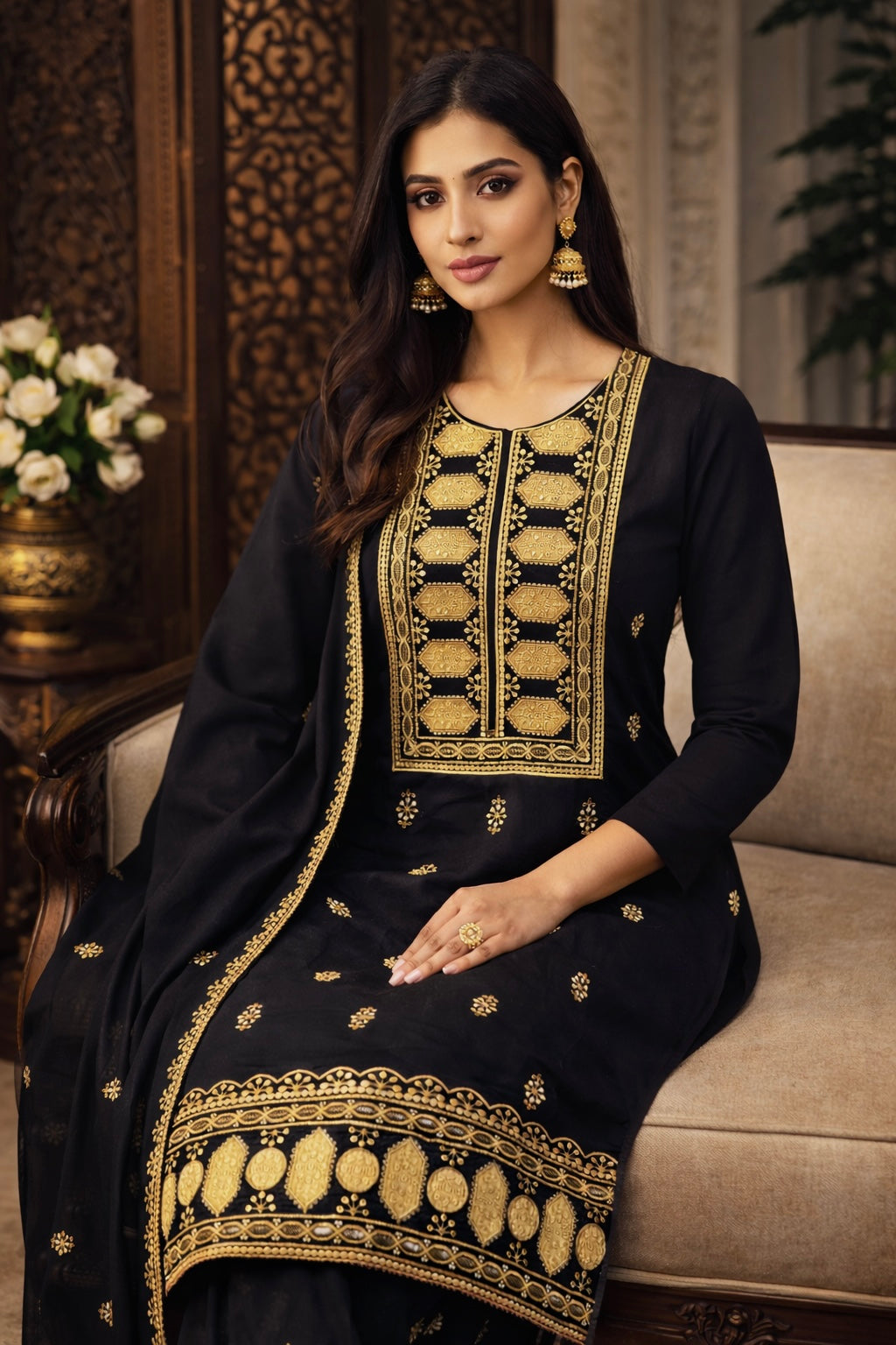 Elegant Black & Gold Sequin Embroidered Soft Cotton 3PC Dress
