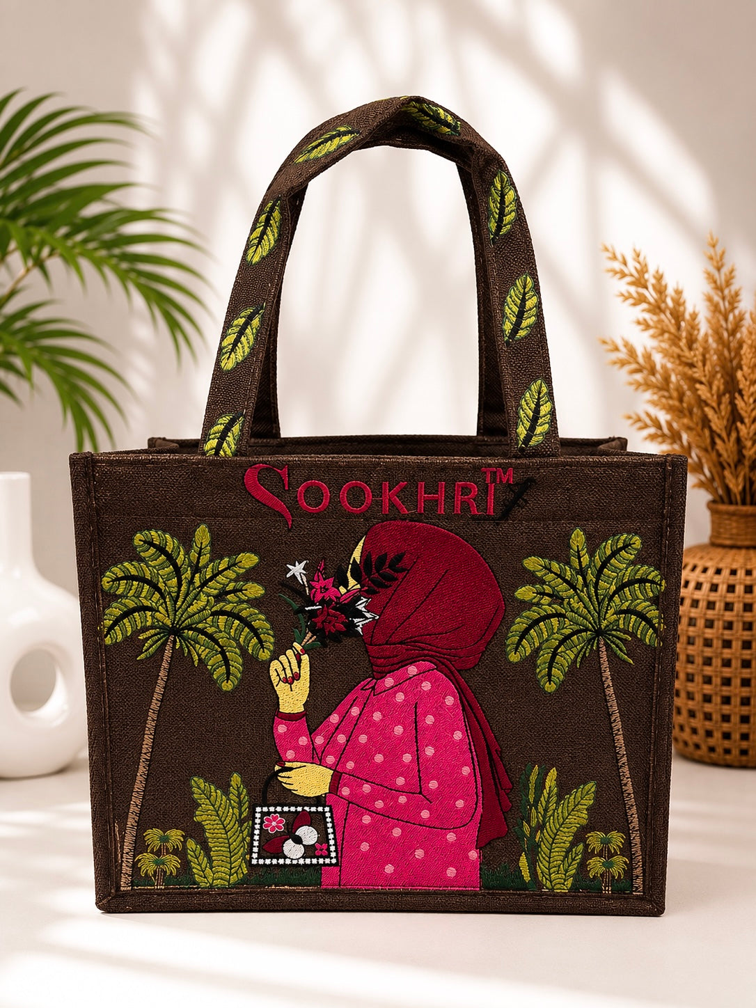 Sookhri Handcrafted Embroidered Jute Tote Bag for Women | Eco-Friendly Shopping & Everyday Handbag (15 Inches Length | 11.5 Inches Width)