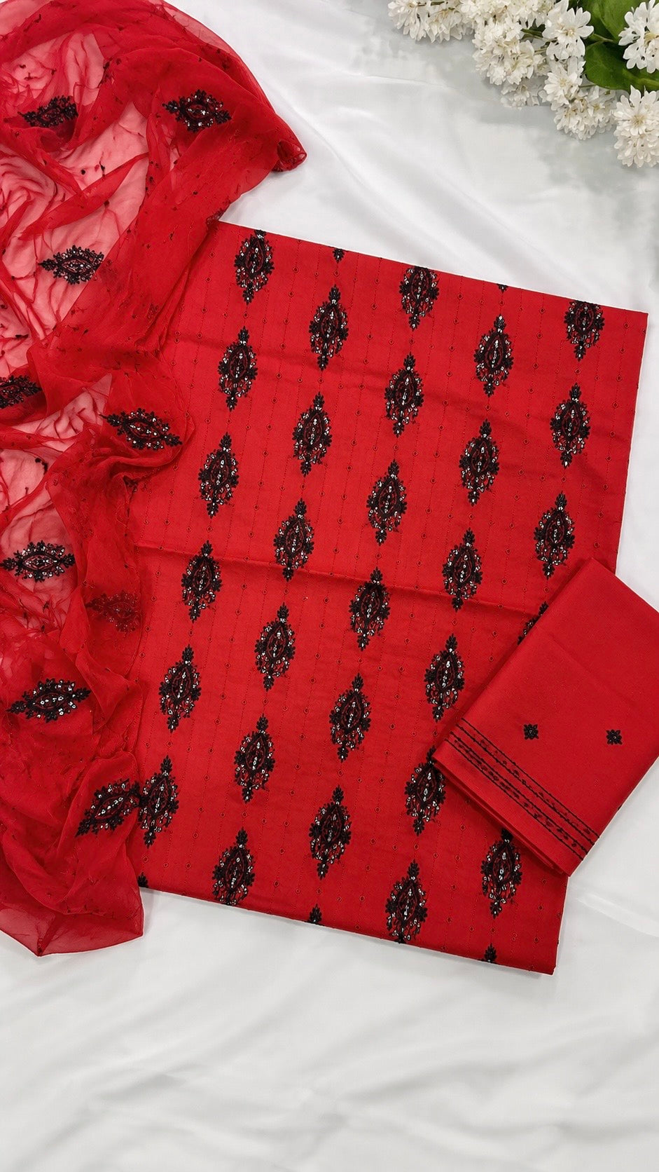 Bouring 3MM Sitara Sequence Work Embroidery Lawn Cotton with Chiffon Dupatta - 3PC Unstitch Dress 👗