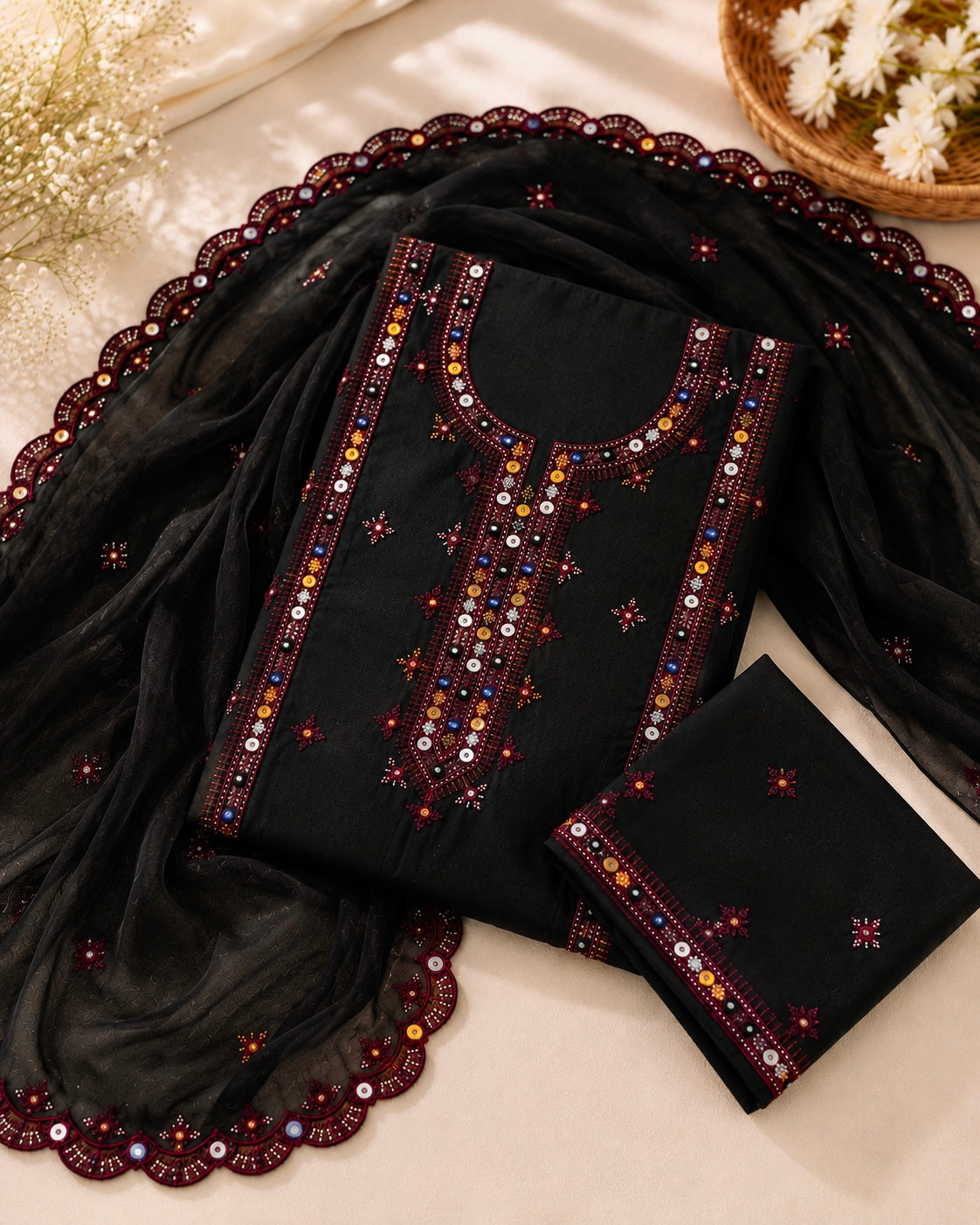 Balochi Thick Thread Embroidered Lawn Cotton with Two Side Cutwork Border Embroidered Dupatta - 3PC Unstitch Dress 👗
