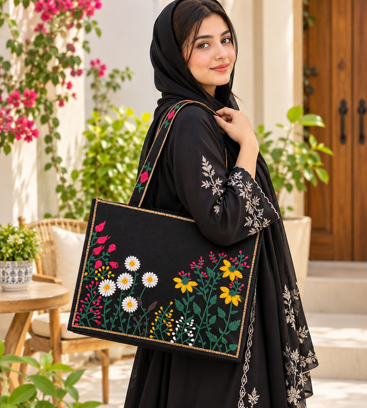 Premium Quality Jute Fabric Floral Computer Embroidered Shoulder Bag with Top Zip