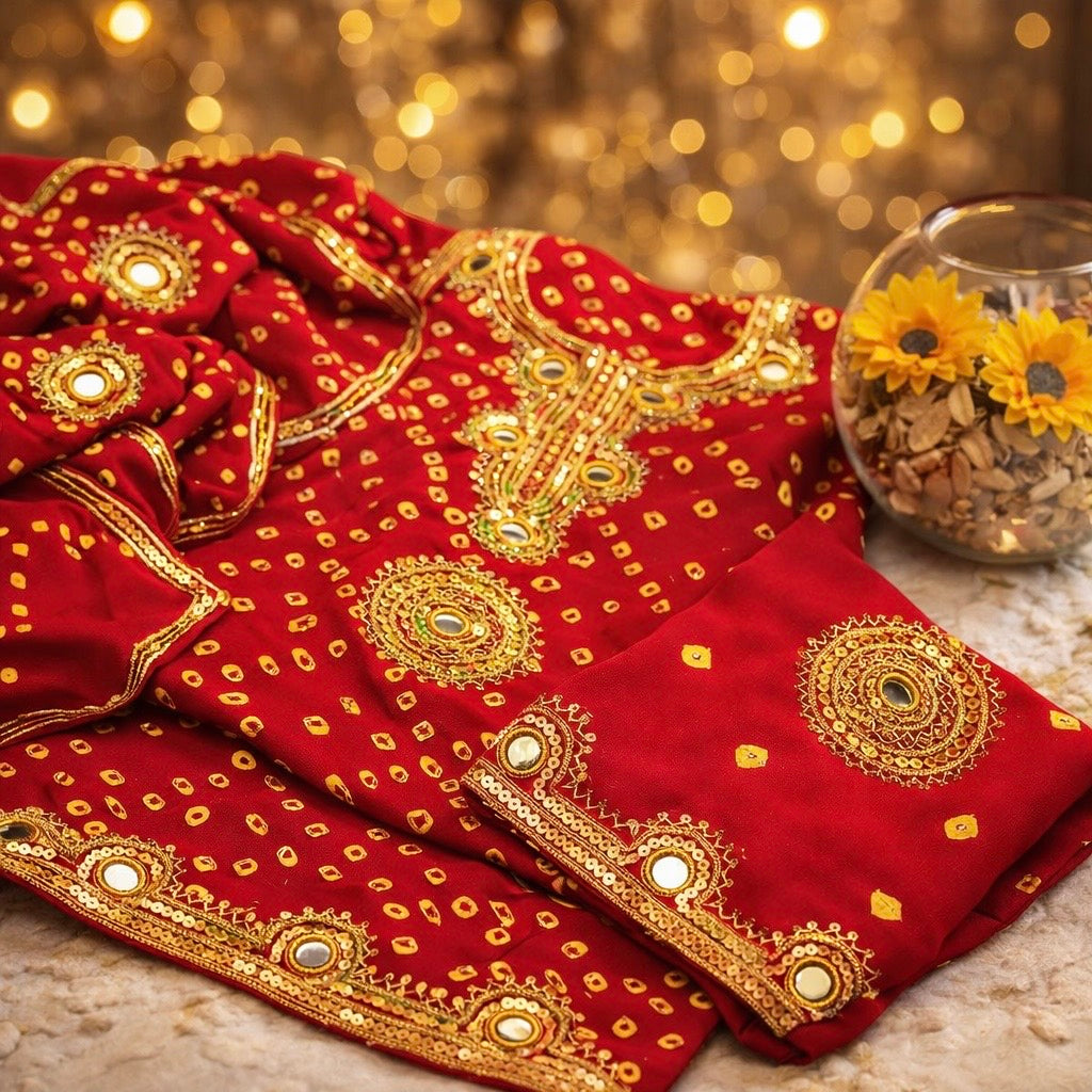 Traditional Gota Mirror Work Chunri 3-Piece Dress (Handmade – Cotton Fabric)