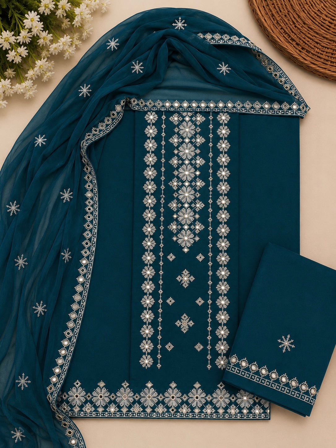 Cross Stitch Flower Embroidered   Lawn Cotton Fabric Shirt &Trouser with Chiffon Embroidered Dupatta – 3 Piece Unstitched Dress 👗