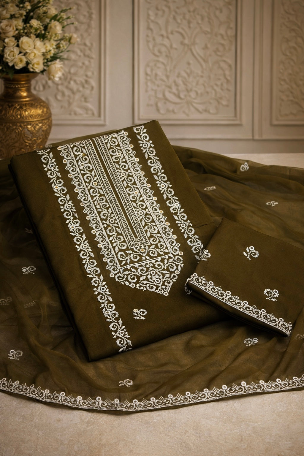 Edenrobe Style Cross Stitch 9MM Sitara - Lawn Cotton with Chiffon Dupa   Hala Handicrafts