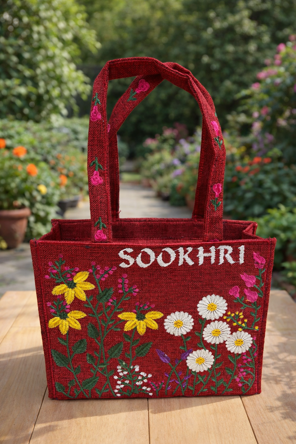 Floral Embroidered Jute Fabric Tote Bag – Medium Size
