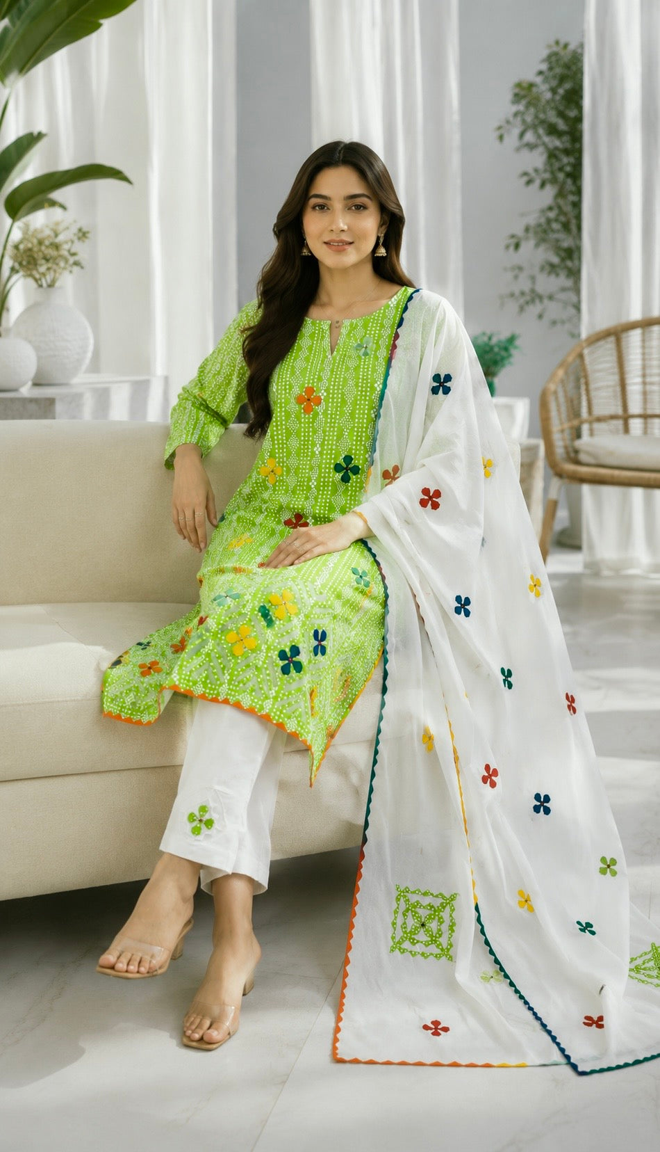 Digital Chunri Print Cotton Fabric Multi Applic Work Handmade with Chiffon Applic Work Dupatta - 3PC Unstitch Dress 👗